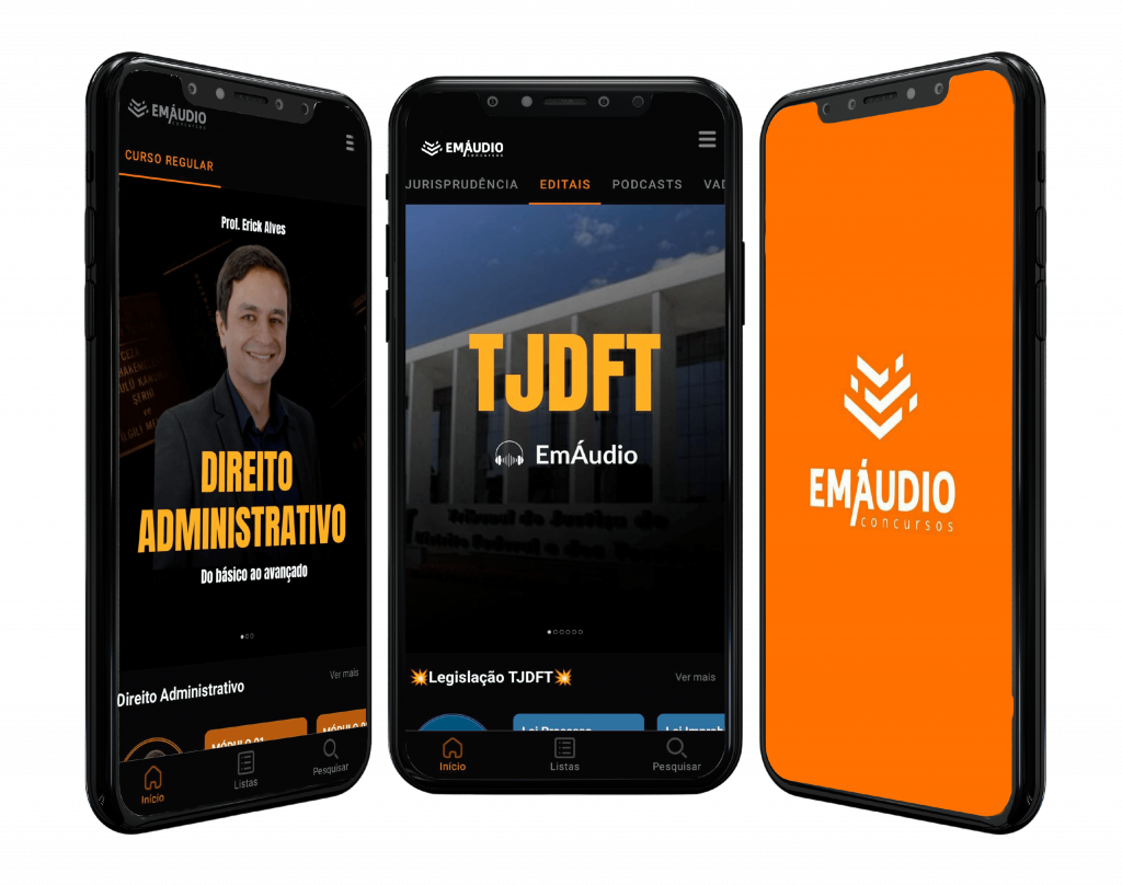 Celular mostrando a tela do aplicativo EmÁudio Concursos aberta nas aulas do  TJDFT