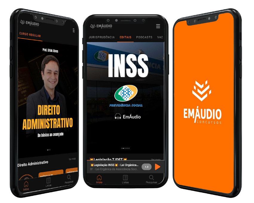 Celular mostrando a tela do aplicativo EmÁudio Concursos aberta nas aulas do INSS.