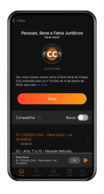 Celular aberto no aplicativo EmÁudio Concursos mostrando o Código Civil