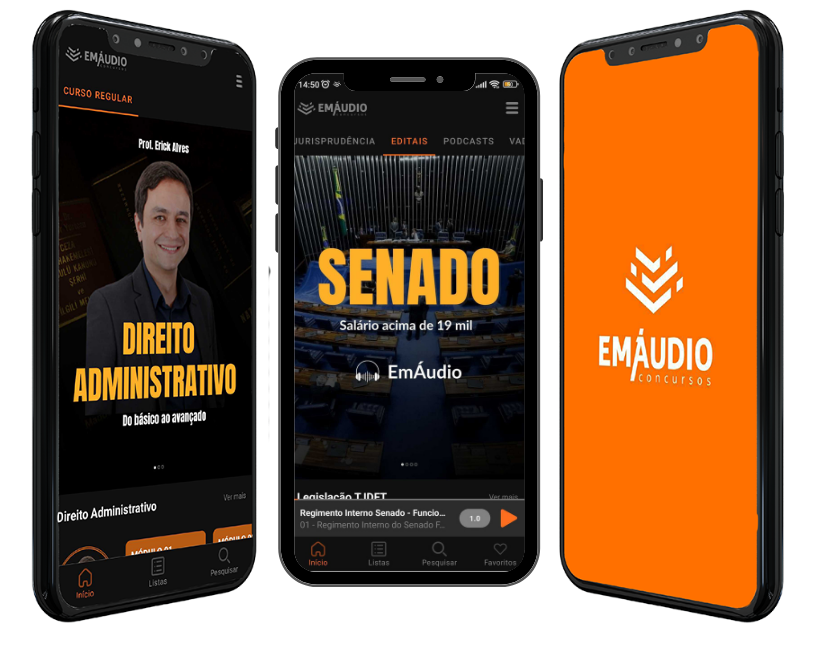 Celular mostrando a tela do aplicativo EmÁudio Concursos aberta nas aulas do Senado