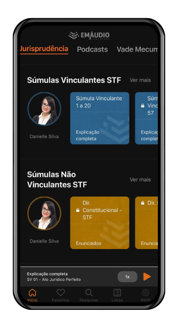 Celular aberto no aplicativo EmÁudio Concursos mostrando as súmulas do STF disponíveis