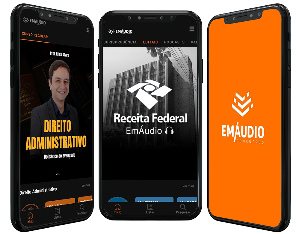 Celular mostrando a tela do aplicativo EmÁudio Concursos aberta nas aulas da Receita