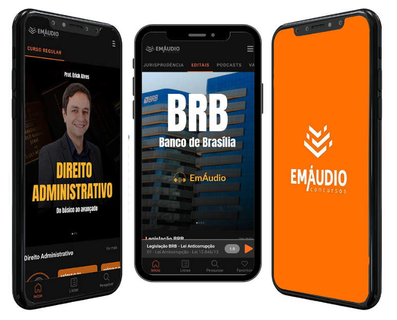 Celular mostrando a tela do aplicativo EmÁudio Concursos aberta nas aulas do BRB