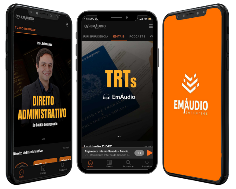 Celular mostrando a tela do aplicativo EmÁudio Concursos aberta nas aulas dos TRTs