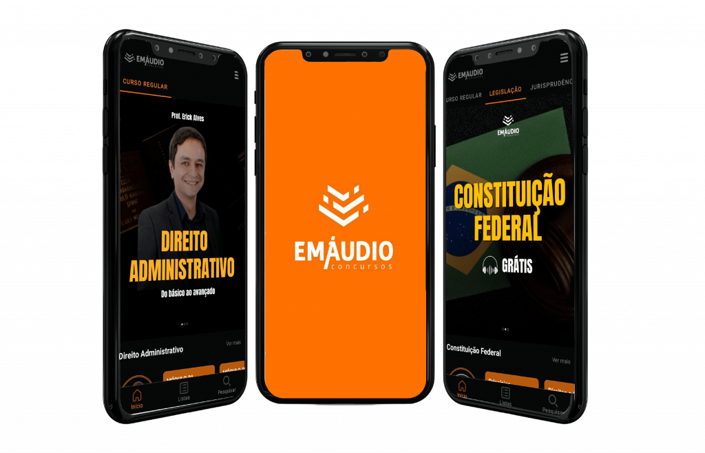 Celular aberto no aplicativo EmÁudio Concursos.