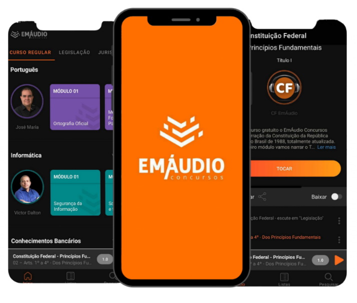 Celular aberto no app EmÁudio Concursos